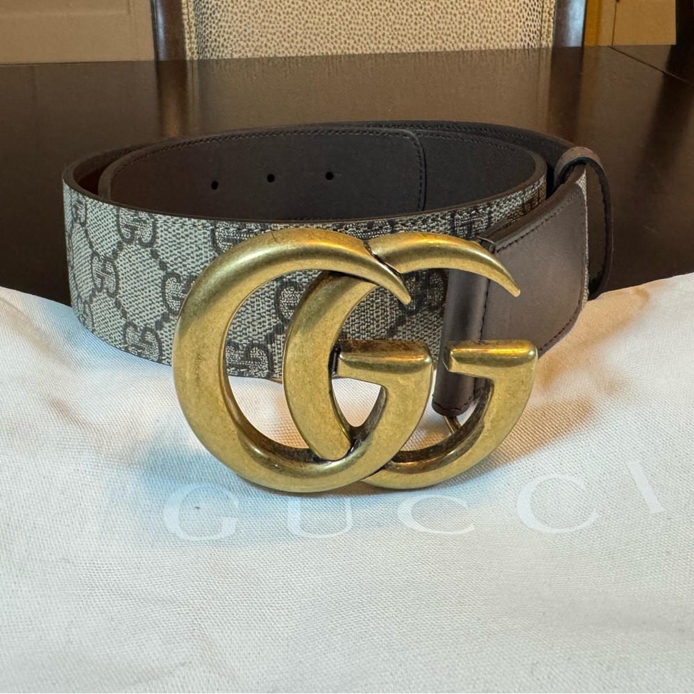 New Authentic Gucci GG Logo Leather Belt Brown Tan Size 32 Fits Waist 30 - 32